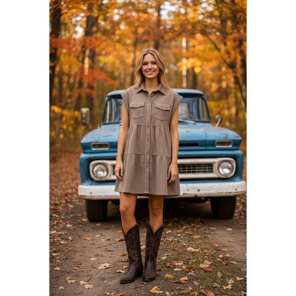 Andree by Unit Taupe Brown Corduroy Button Up Shirt Mini Dress Size M